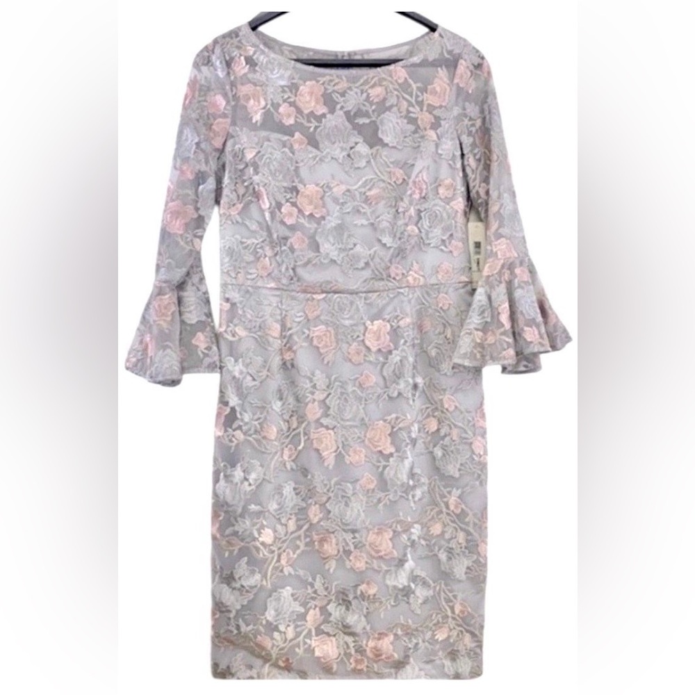 Eliza J Bell Sleeve Lace Overlay Dress – Size 14 – Gray & Pink Floral – NWT